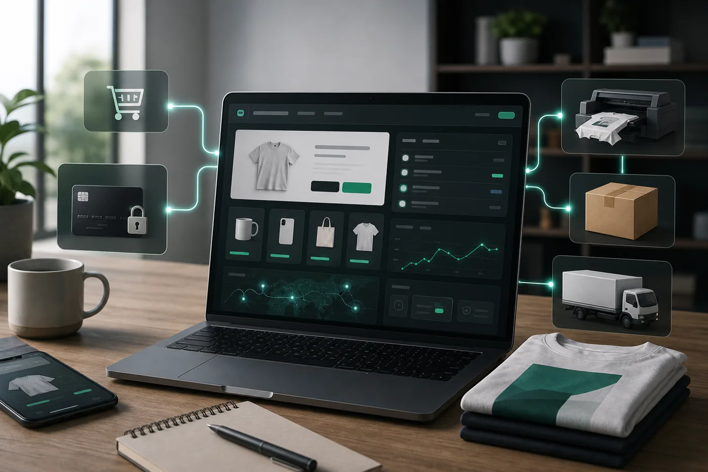 An owned print-on-demand storefront dashboard connected to checkout, printing, shipping, and delivery workflow panels.
