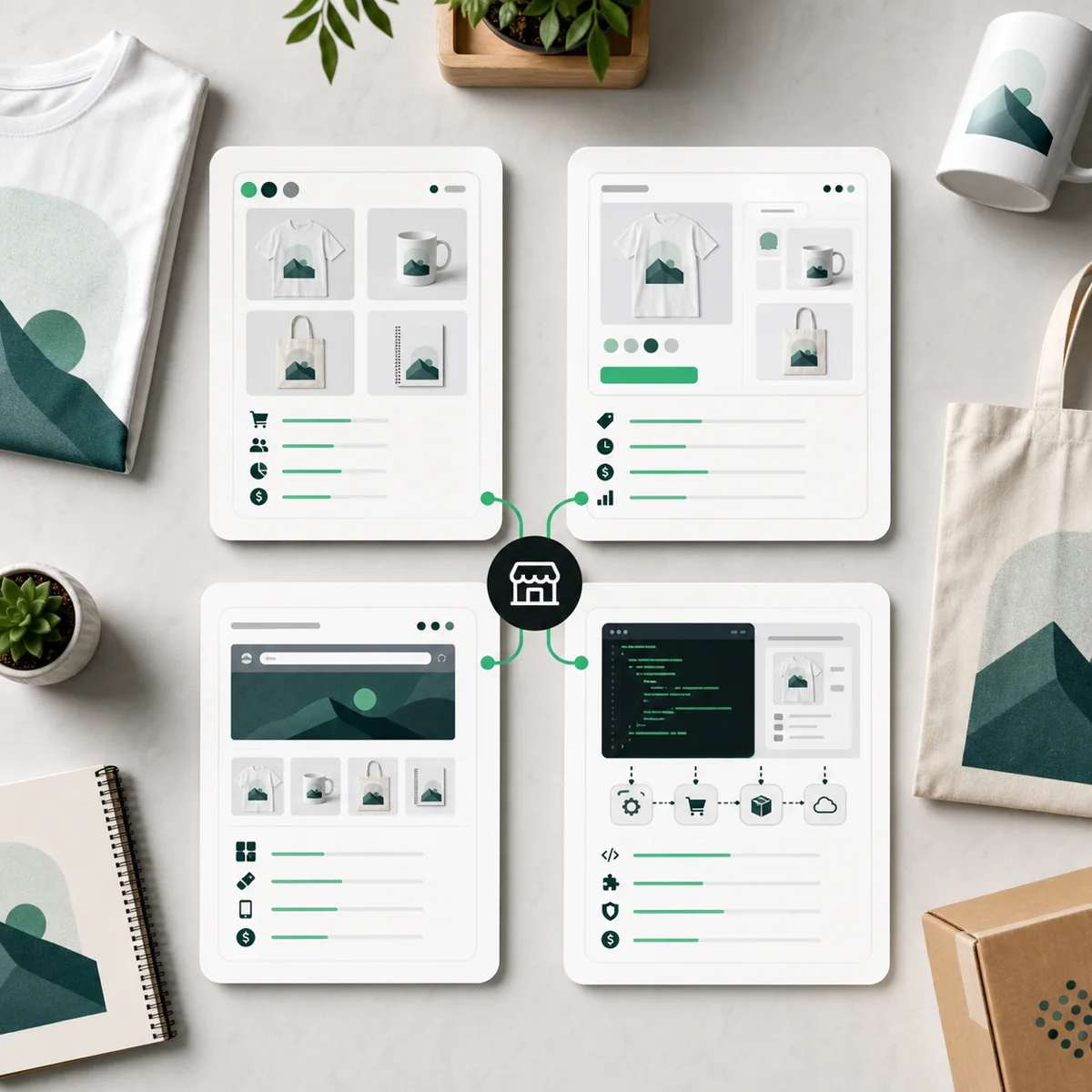 Four abstract print-on-demand selling paths arranged as cards around product samples.