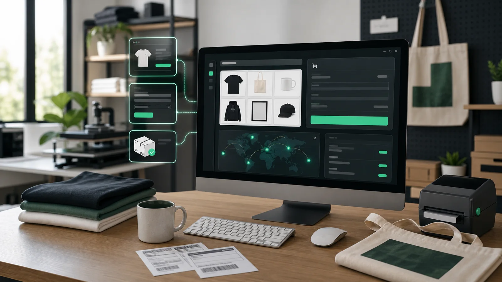 A print-on-demand studio desk with an owned storefront dashboard, product mockups, labels, and fulfillment tools.